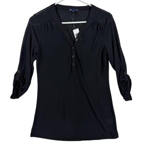 Gap Shirt Womens Small Black Polka Dot Sheer Yoke 3/4 Sleeve Henley Top Roll Tab